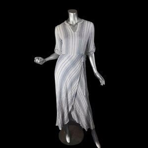Downeast Women’s Small Faux Wrap Long Dress Roll Tab Sleeve Striped Blue & White